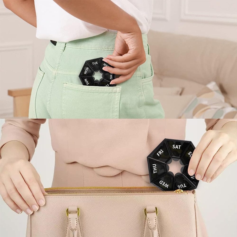 A traveler sliding the compact 7-day pill box into a carry-on backpack pouch.