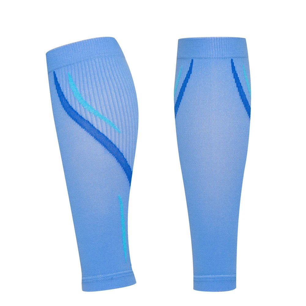 Close-up of the blue breathable graduated elastic fabric on footless varicose vein sleeves.