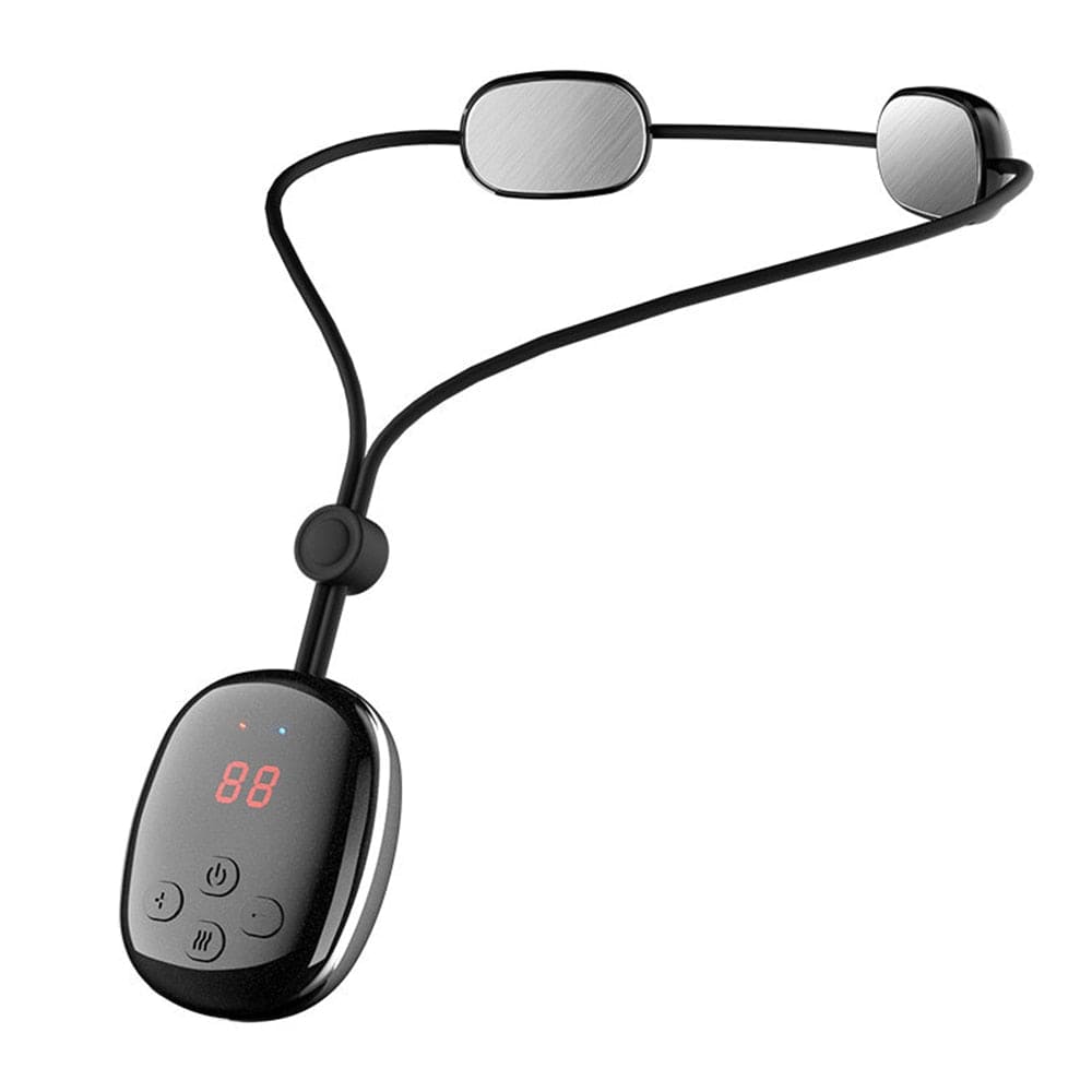 White Electric Pulse Neck Massager displaying its flexible, ergonomic frame and internal metal pulse plates.