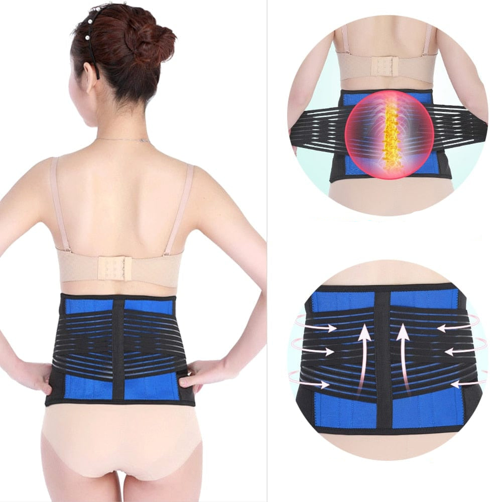 Rear layout profile highlighting the rigid, non-stretchable spine decompression panel and double-pull compression wings.
