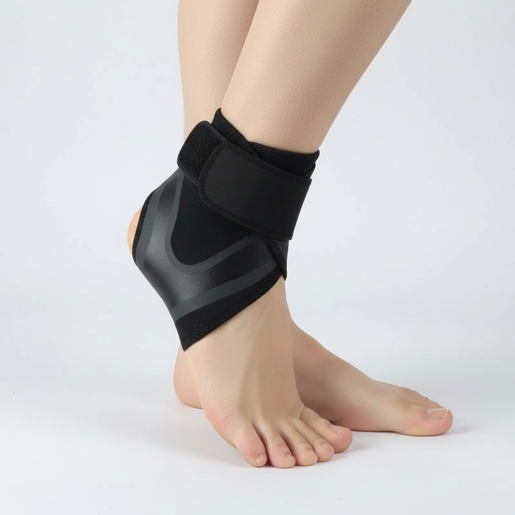 A black aankle brace sprain support worn on a person's ankle, shown against a clean light gray studio background. The product is a soft ankle support with a hook-and-loop strap and molded side panels.