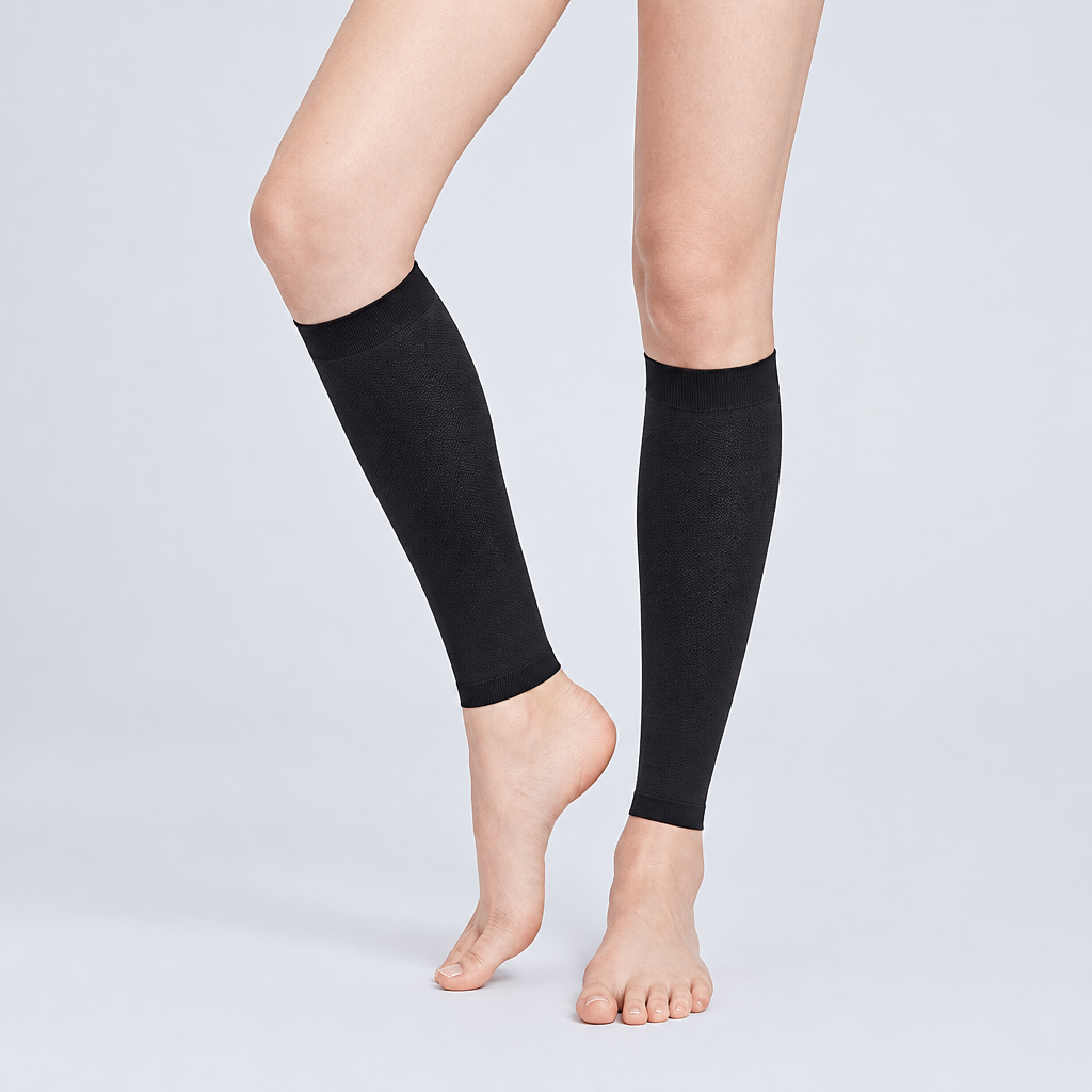 A person's legs wearing graduated compression calf sleeves against a light gray studio background.