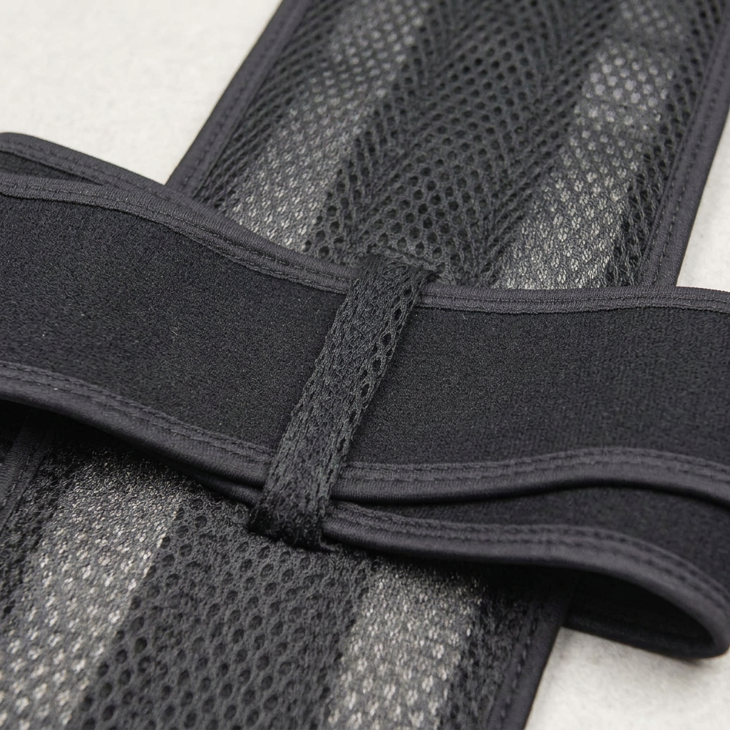 Close-up of black cross-strap posture support showing overlapping lumbar bands, stitched binding, and a vertical mesh strap keeper.