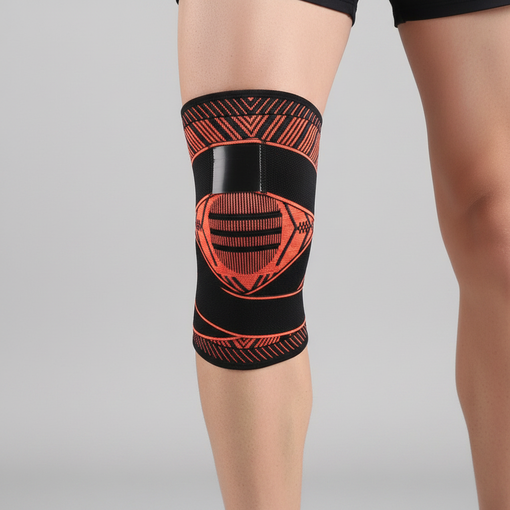 A knee wrap post surgery recovery with orange geometric patterns, shown worn on a person's knee against a neutral gray background.