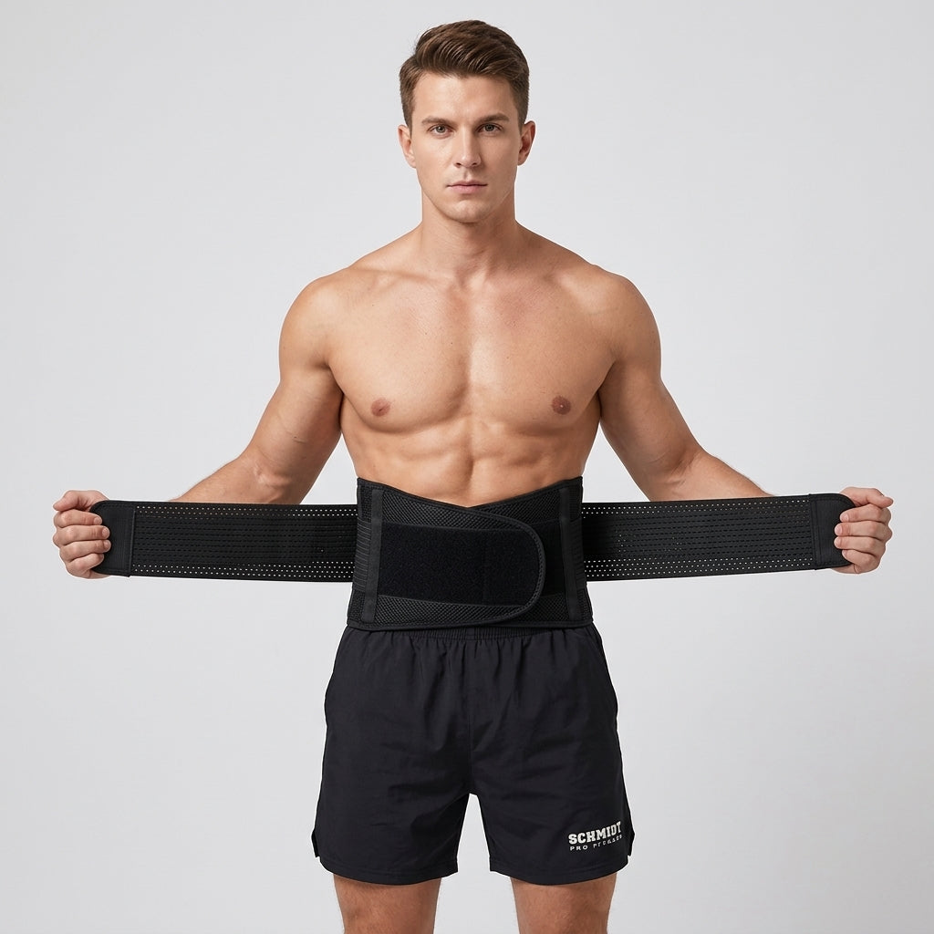 A shirtless man wearing a black waist trainer support belt and black athletic shorts, holding the sides of the belt outwards against a light gray background.