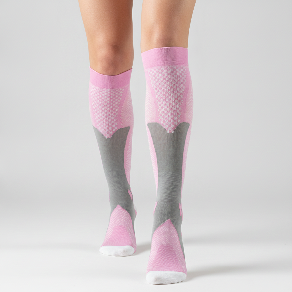 Pink and gray 20 30 mmHg ankle compression socks worn on a model's legs, shown against a light gray studio background.
