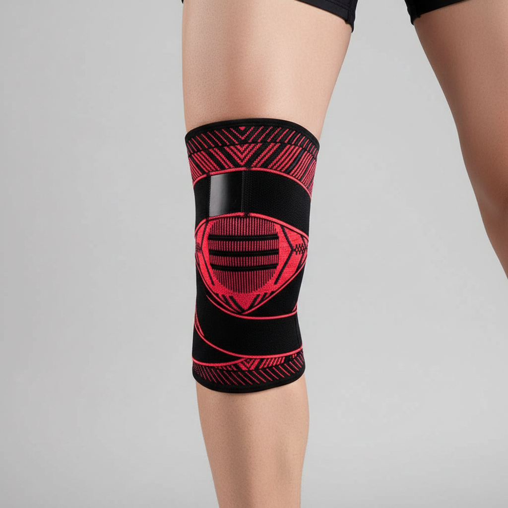 A close-up of a person's leg wearing a 4-way stretch knee wrap with a red geometric pattern and a central protective panel, set against a plain light gray background.