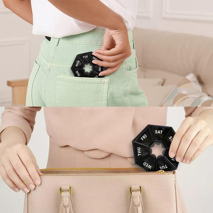 A traveler sliding the compact 7-day pill box into a carry-on backpack pouch.