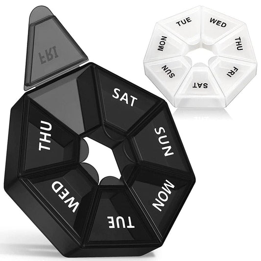 Group layout of the black and transparent 7-sided portable pill storage boxes side-by-side with supplements visible inside.