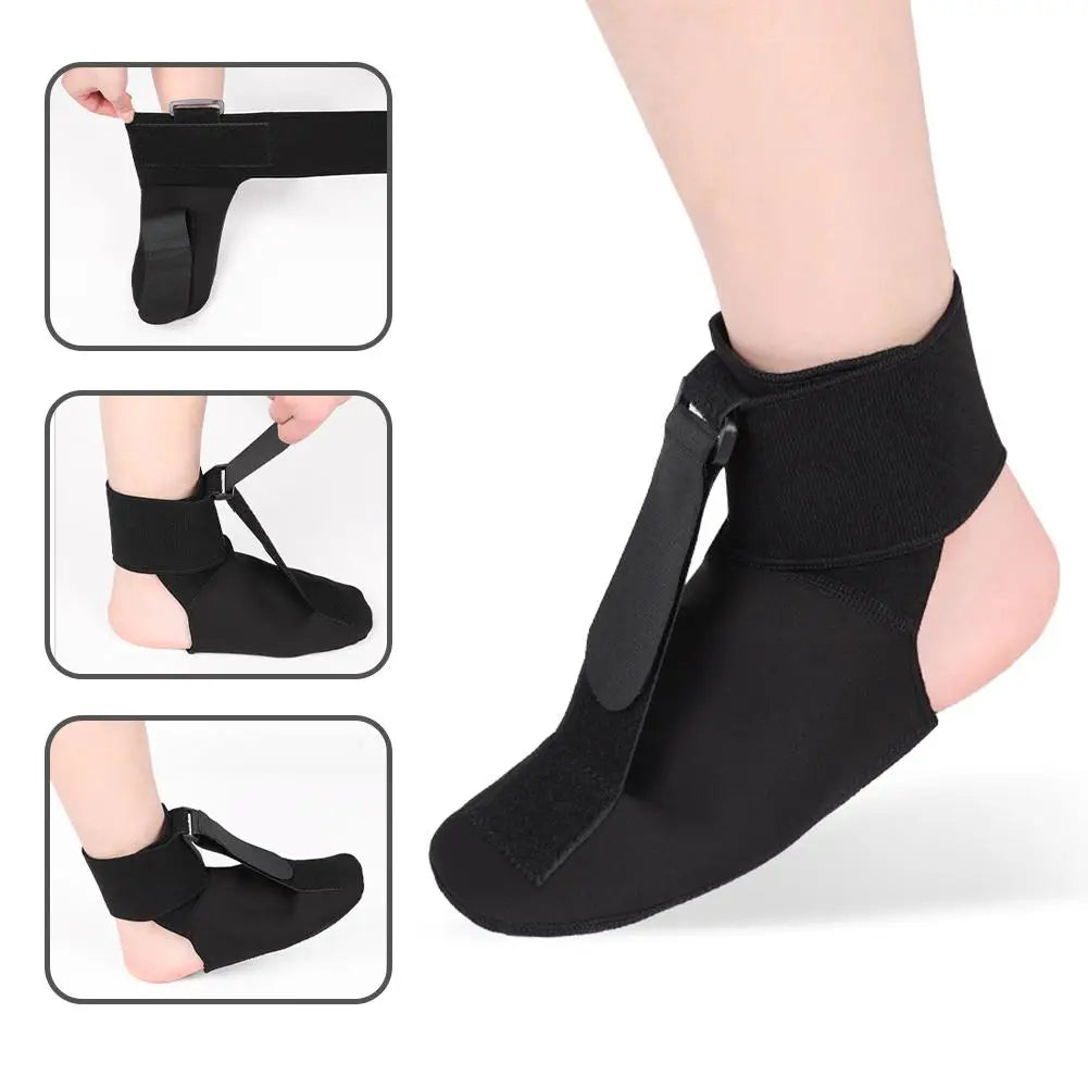 Achilles tendonitis night splint shown on a foot, with three inset close-up panels demonstrating how to fasten and adjust the straps.