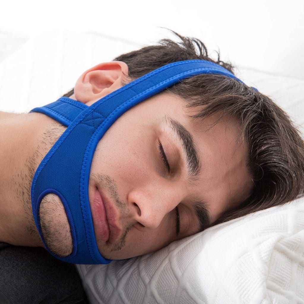 A man sleeping peacefully with an Anti Apnea Jaw Solution.