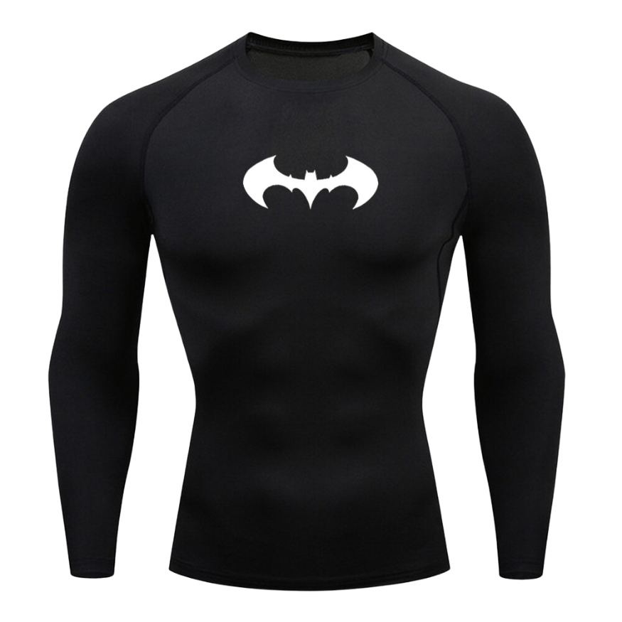 Black long-sleeve Batman Compression Shirt with a white bat symbol on the chest.