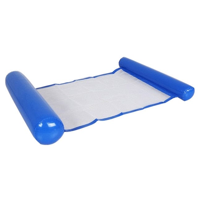 Blue Inflatable Water Hammock displaying the supportive mesh lining and inflatable pillows.