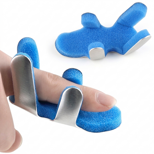 Blue and silver finger-shaped broken finger cast shown on a white background, with one piece worn on a finger and another shown separately.