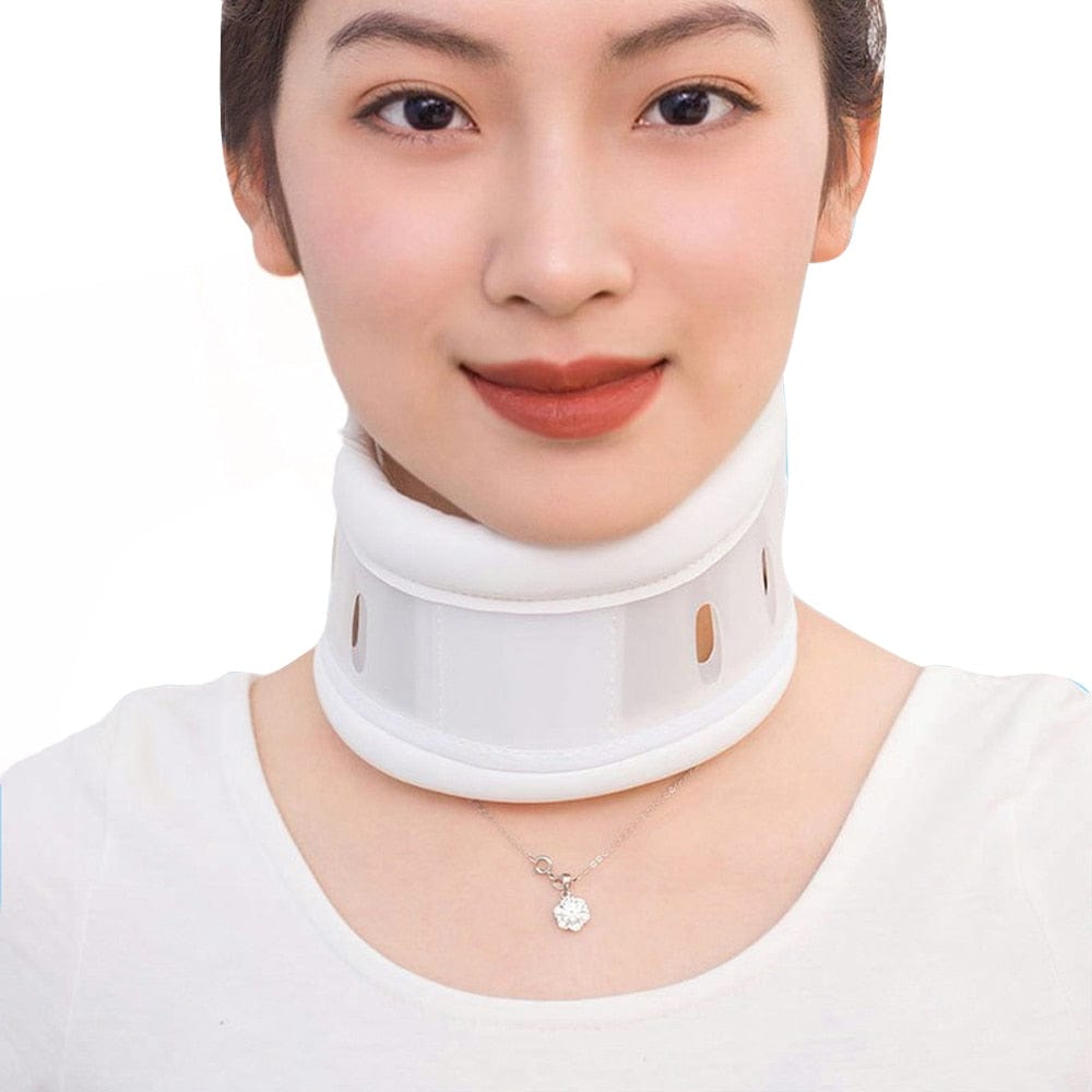 Front view of the white Cervical Neck Brace displaying the contoured chin groove and layered structural panels.