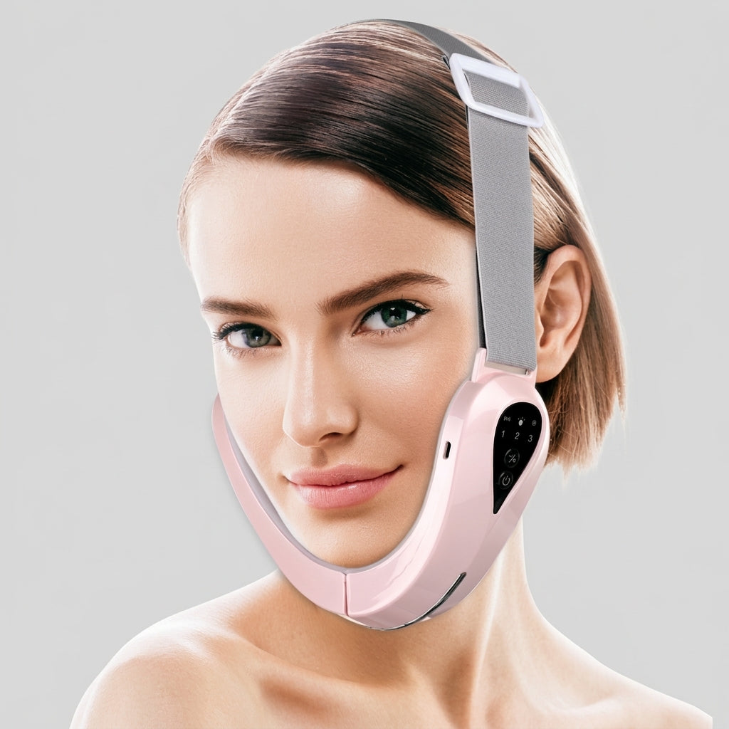 A woman wearing an EMS facial lifting massager against a solid light gray background.