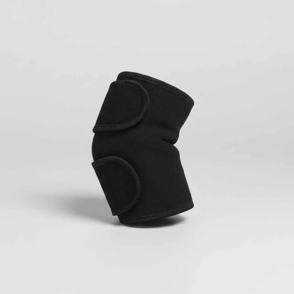 A black neoprene elbow support wrap with two hook-and-loop strap closures, shown on a light gray studio background.