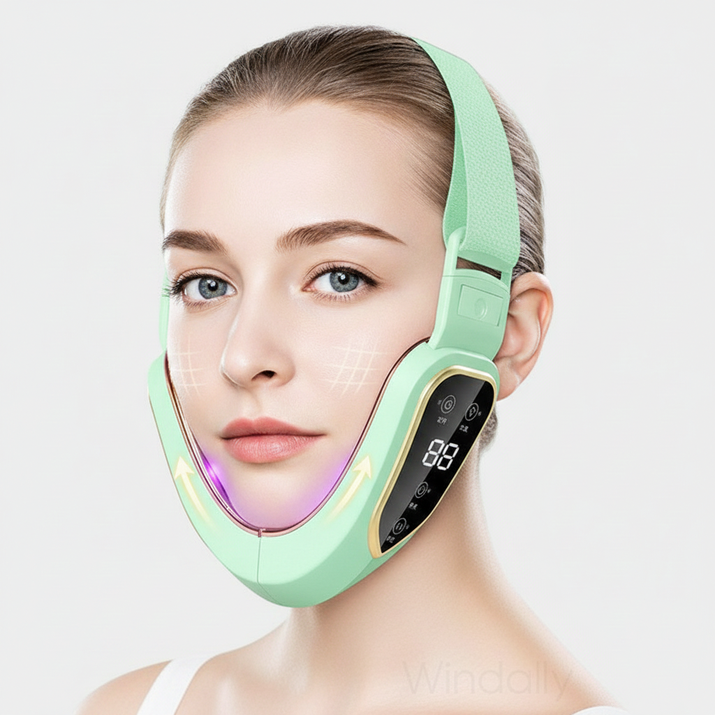 A woman wearing a light green Facial Lifting Belt with a digital display screen on the side, set against a clean light gray background.