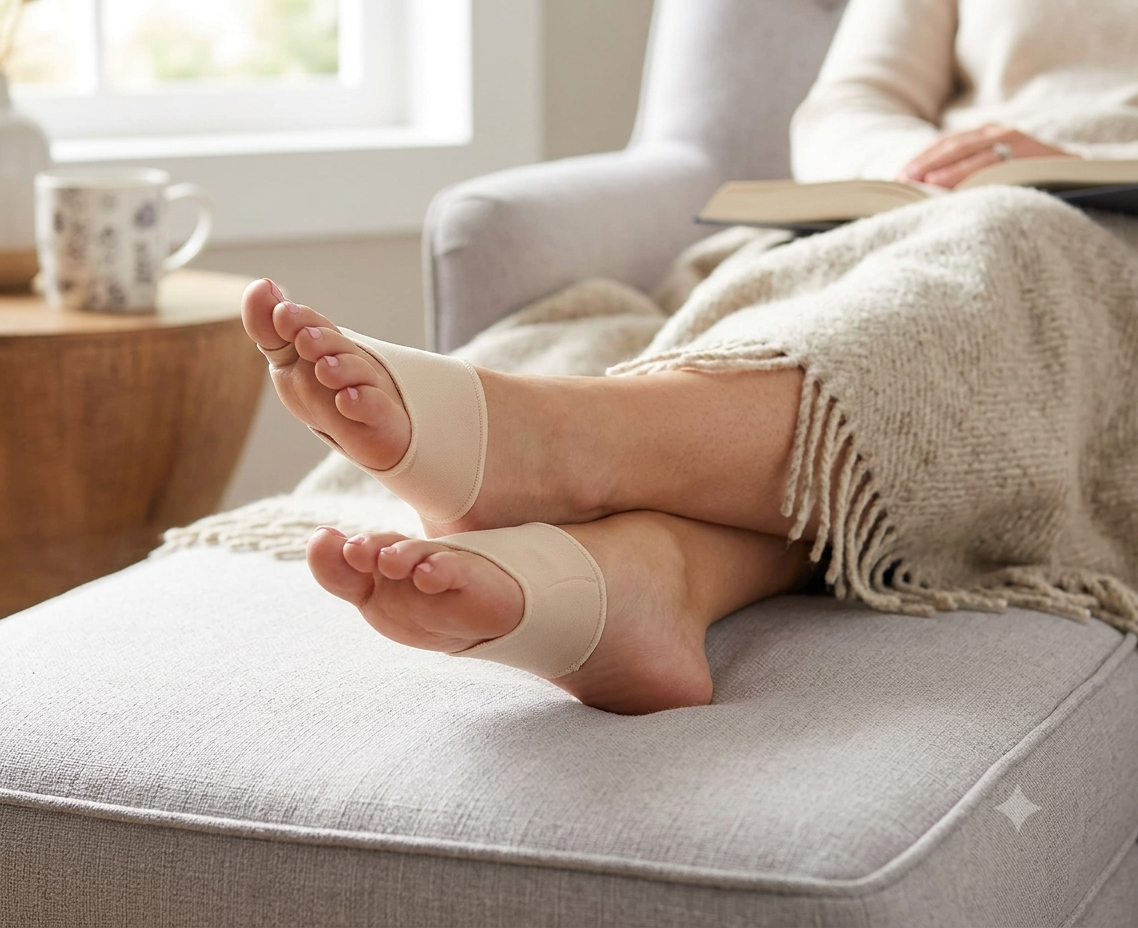 A person wearing a comfortable nighttime foot splint while resting peacefully in bed.