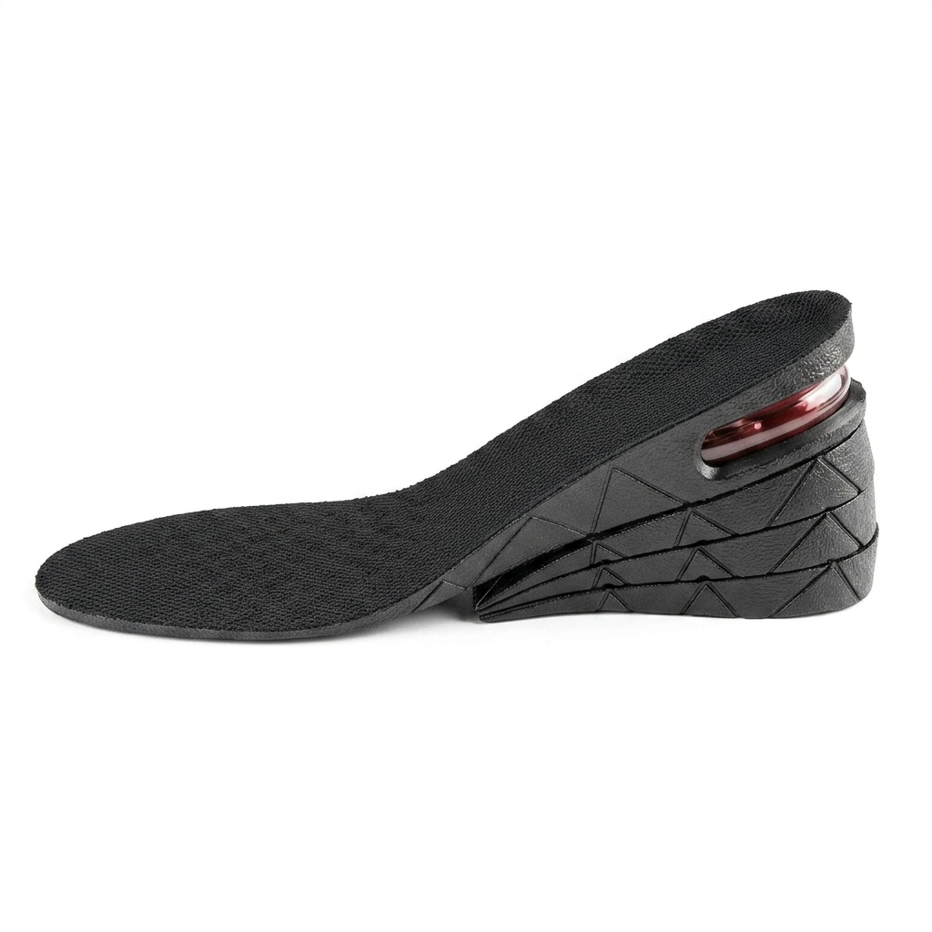 Side layout view of the black Height Increase Insole showing the three detachable layers and the clear U-shaped air cushion.