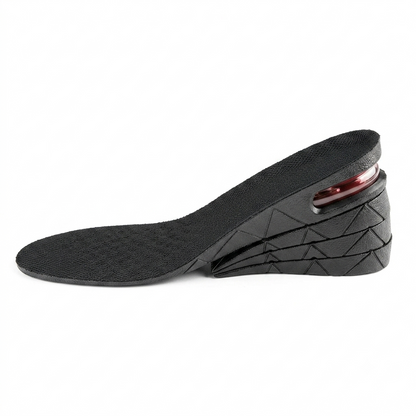Side layout view of the black Height Increase Insole showing the three detachable layers and the clear U-shaped air cushion.