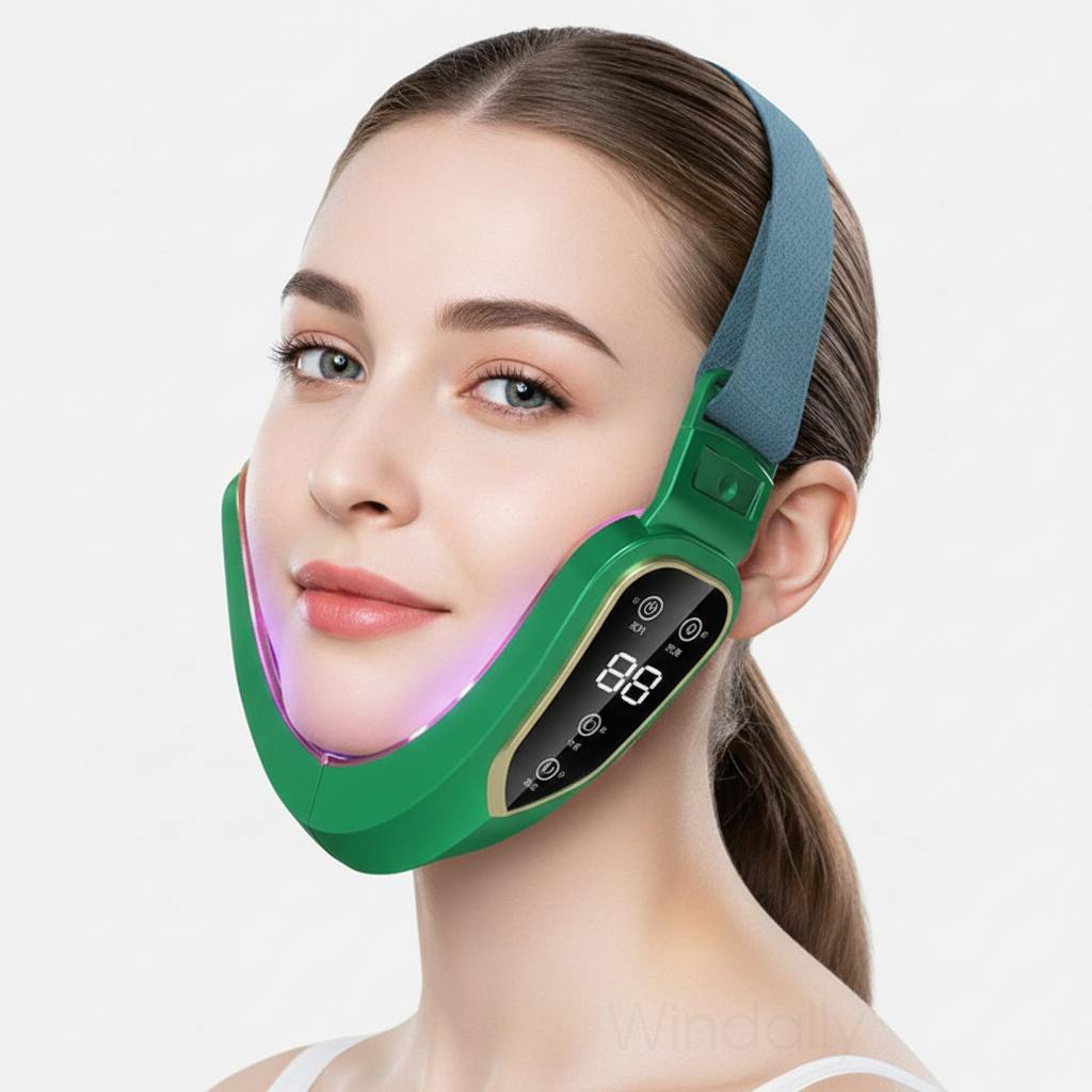 A woman wearing a green LED facial therapy device with a blue head strap, shown against a light gray background.