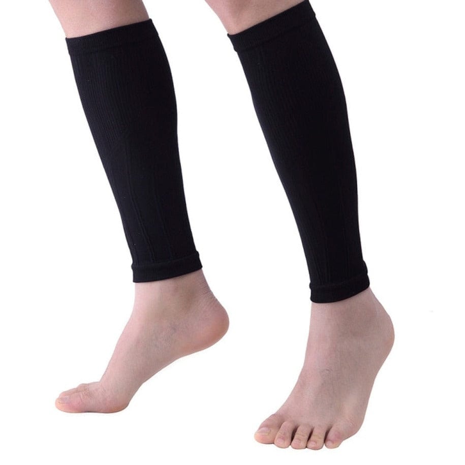 Front layout view of the black Leg Compression Sleeve displaying its textured 3D knit patterns on an athlete's calf muscles.