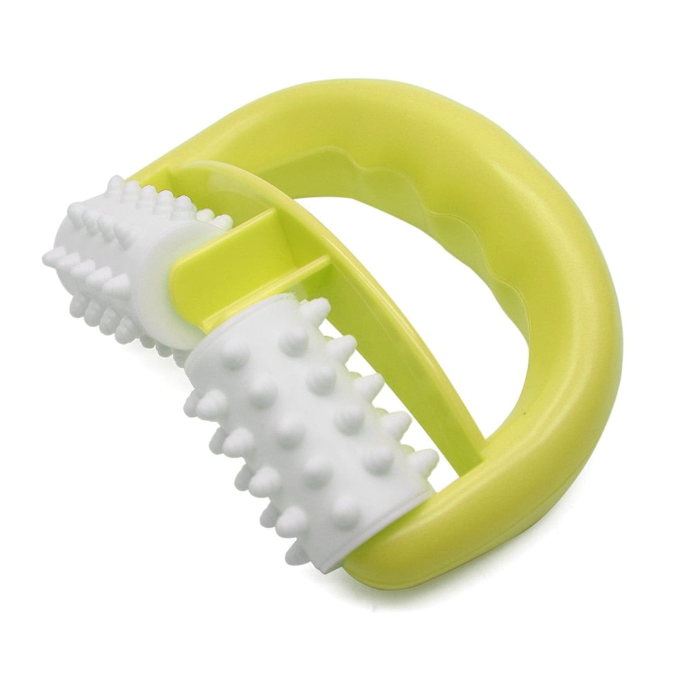 Green Leg Roller Massager showing its distinct ergonomic D-shaped handle and rolling ball array.