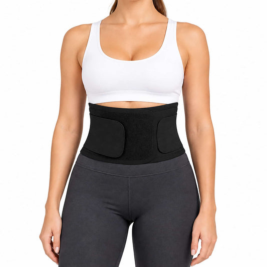 A woman wearing a lumbar support belt for women with two front support panels, shown from the chest down against a light gray studio background.