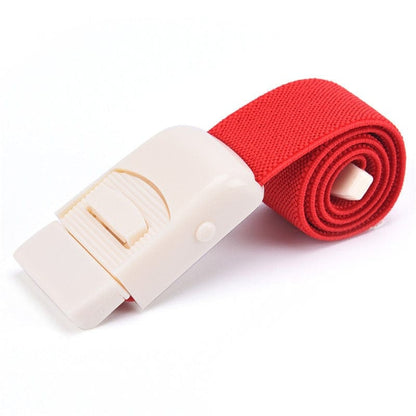 Red Medical Emergency Tourniquet showcasing its high-impact ABS white plastic buckle and rolled elastic strap.