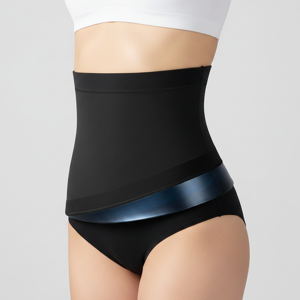 A close-up of a model's waist wearing a Men's Sauna Waist Trimmer Belt over black underwear, against a light gray studio background.