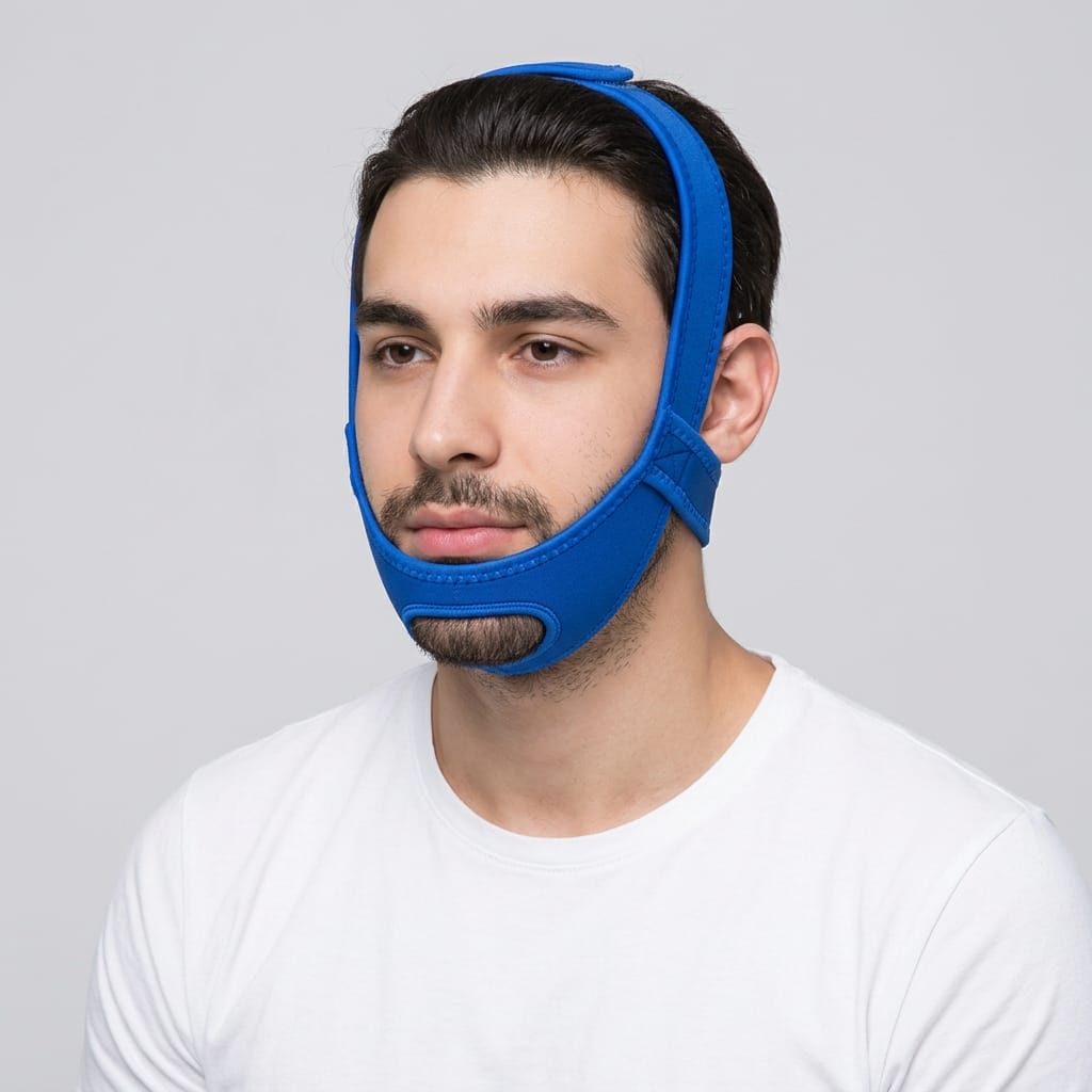 A man wearing a Neoprene chin support strap, set against a solid light gray background.