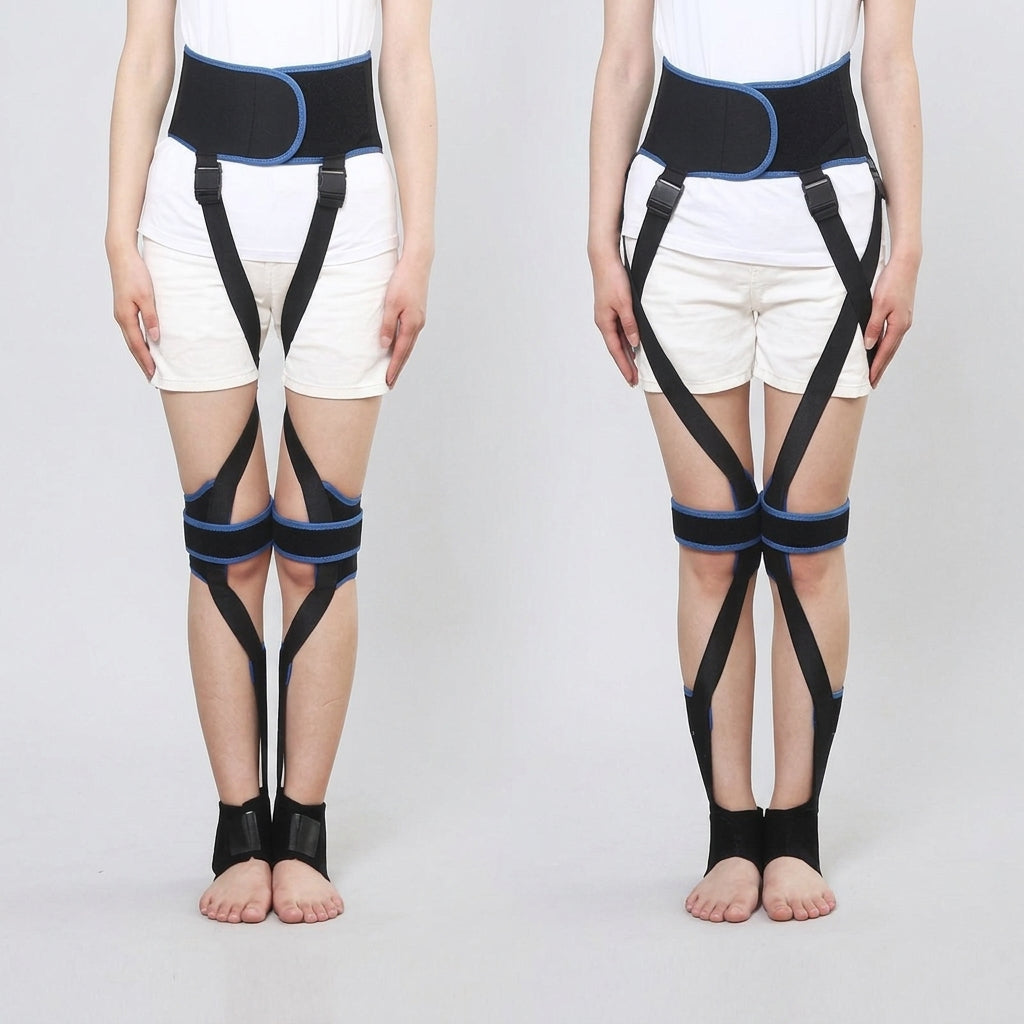Two side-by-side views of a model from the waist down wearing an O leg correction belt.