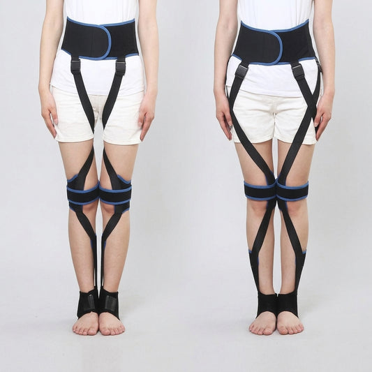 Two side-by-side views of a model from the waist down wearing an O leg correction belt.