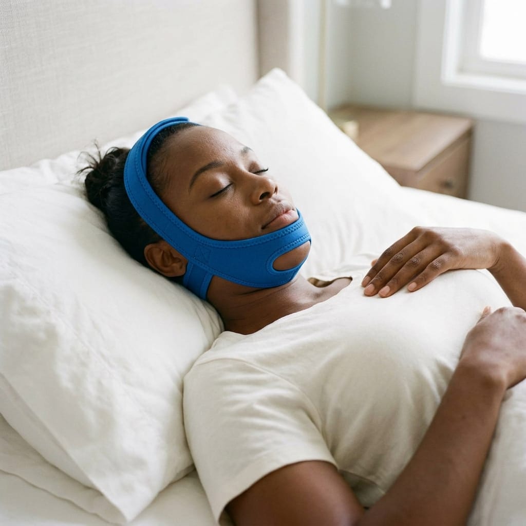 A woman lying in bed with her eyes closed, wearing an open-ear chin support band. The scene is set in a softly lit bedroom with white pillows and bedding.