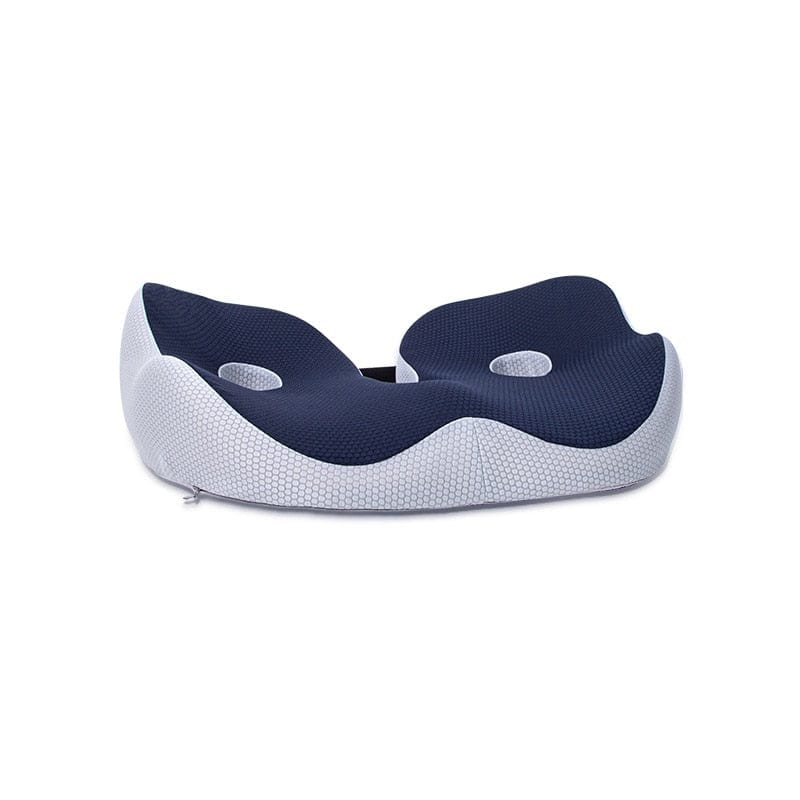Blue Orthopedic Cushion Seat showing its ergonomic U-shaped tailbone relief cutout on a clean background.