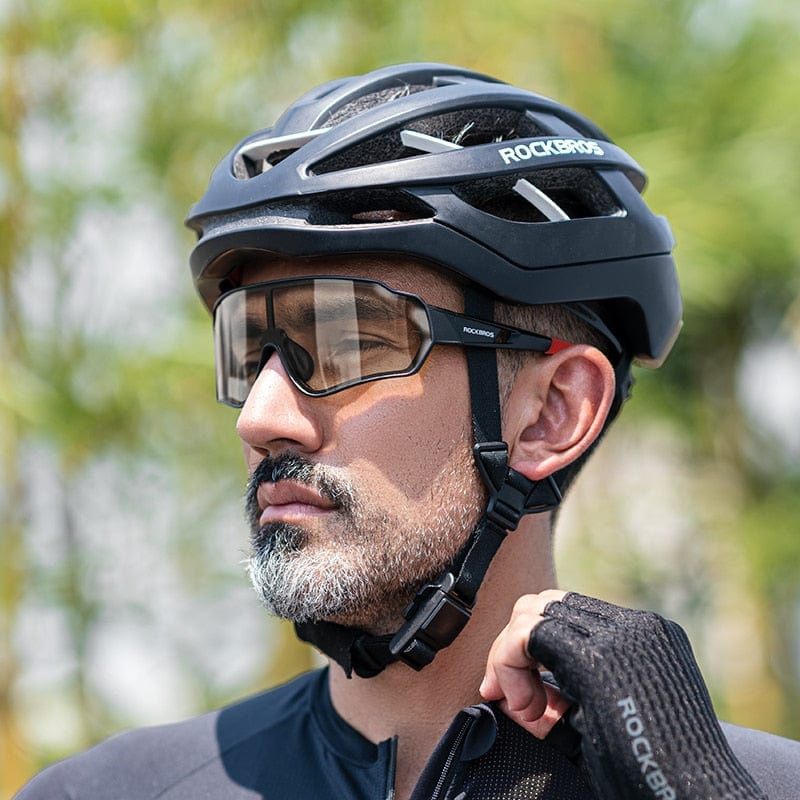 Symmetrical front view of Photochromic Cycling Glasses highlighting the wide-coverage lens design and sleek black TR-90 frame.