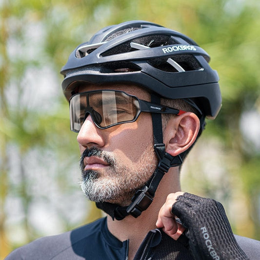 Symmetrical front view of Photochromic Cycling Glasses highlighting the wide-coverage lens design and sleek black TR-90 frame.