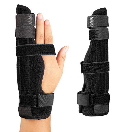 Black Pinky Finger Splint showing its ulnar gutter configuration wrapped securely around the outer edge of an adult hand.