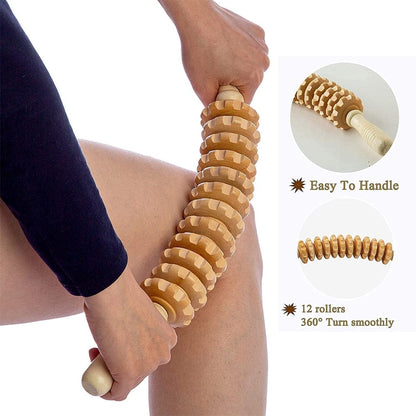 Wooden Curved Massager | Handheld Roller Stick | 12 Rollers Trigger Point