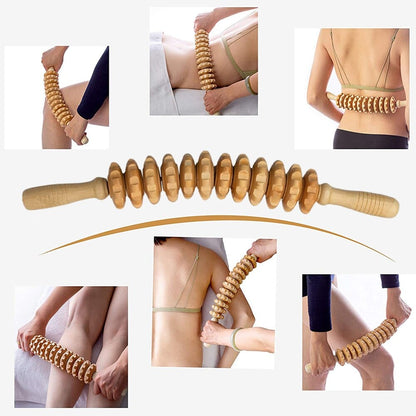 Wooden Curved Massager | Handheld Roller Stick | 12 Rollers Trigger Point