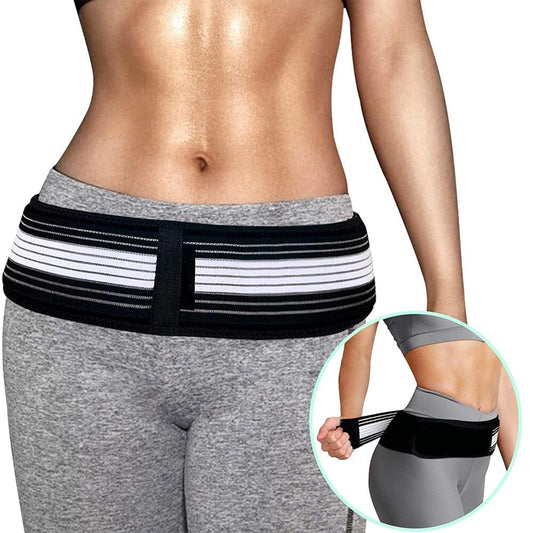 Front layout view of the black Sacroiliac Trochanteric Belt highlighting its wide pelvic alignment panels and heavy-duty hook-and-loop closure interface.