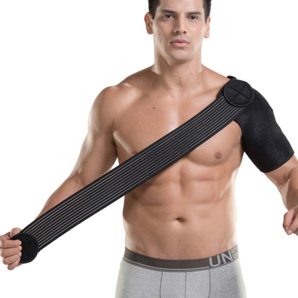 Black Shoulder Brace for Dislocation showing its secure chest-wrap strap design on a male model.