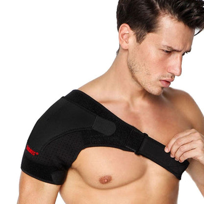 Black Shoulder Brace for Rotator Cuff worn on an athlete's right shoulder to showcase its secure fit.