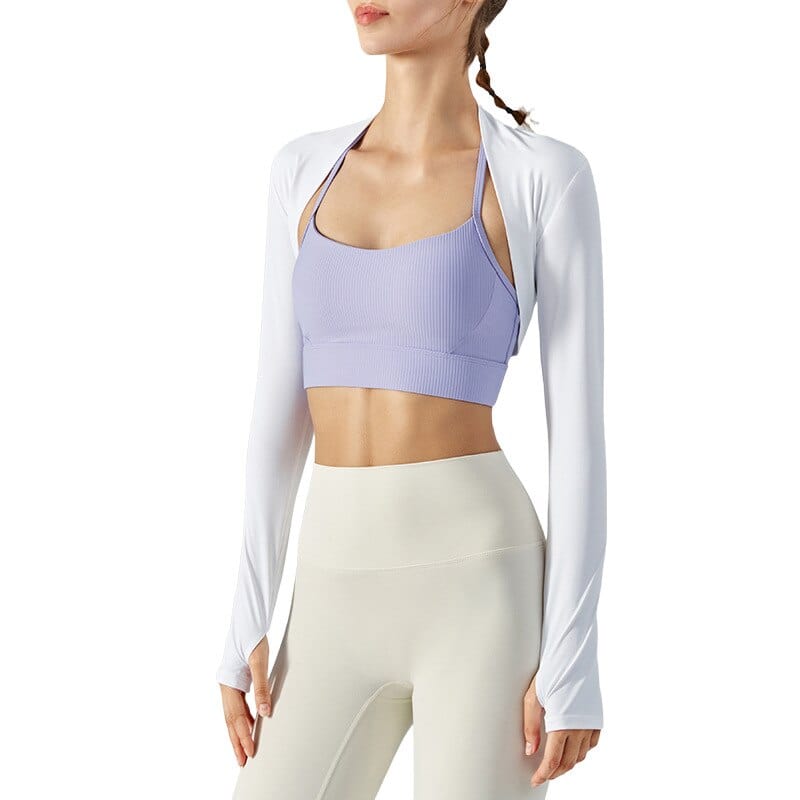 White Sun Protection Sleeves showing the full connected shawl alignment across a model's shoulders.