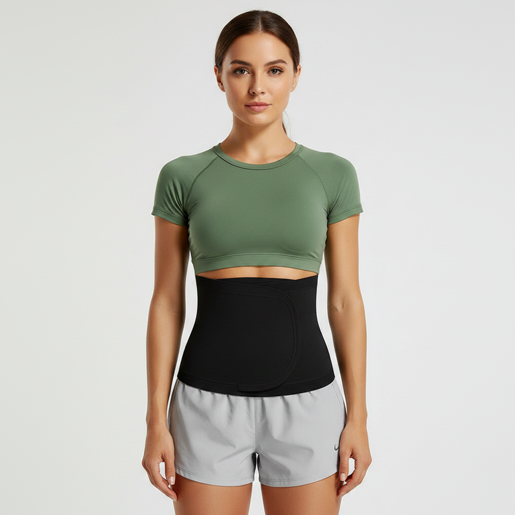 A woman modeling a green short-sleeve athletic crop top and Thermogenic Compression Belt S–3XL over light gray shorts, photographed against a plain light gray studio background.
