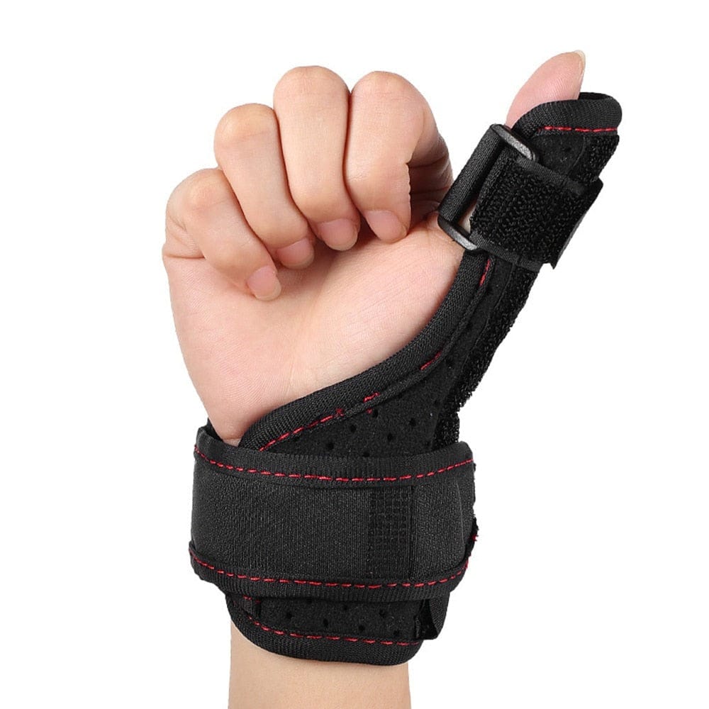 Front layout view of the black Thumb Brace for Tendonitis showcasing the wide adjustable compression strap and secure buckle interface.