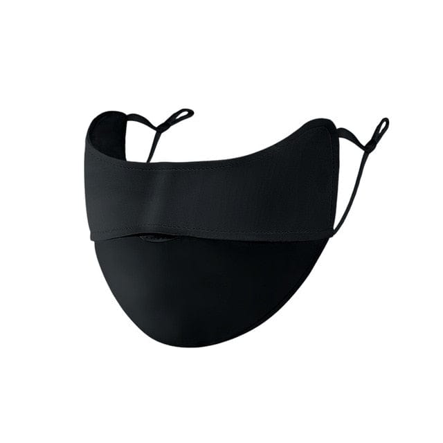 Black UV Protection Face Mask displaying its adjustable ear loops and flexible nose bridge on a clean background.