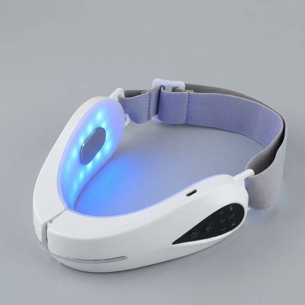 A V shape face lift belt, emitting a blue light from the inner eye cup, shown on a neutral gray background.
