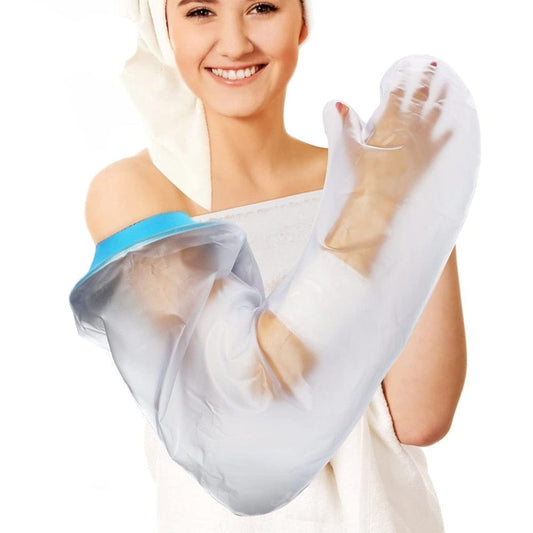 A person wearing a clear waterproof arm cast cover, designed to keep the arm dry and protected.